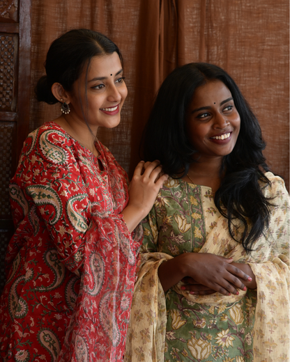 "NIRAM" Red Sanganeri Hand block printed cotton kurti set with Kota Doriya dupatta