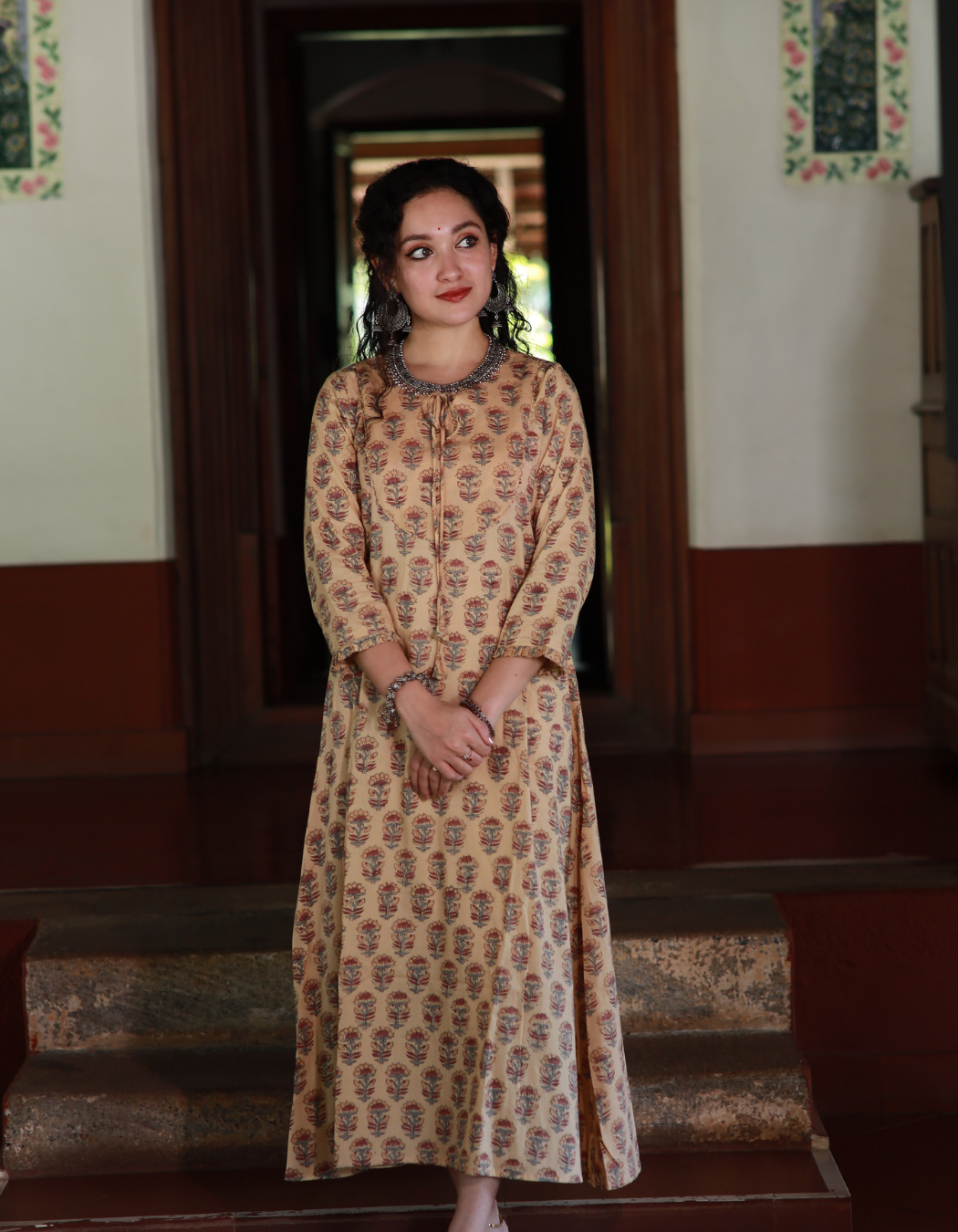 Beige Floral Hand Block Printed A Line Dress