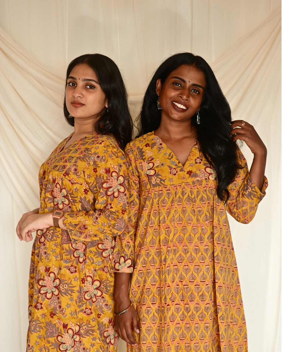 Gulmohar Mustard Yellow Floral Handblock Printed Gatherd A-line dress kurti