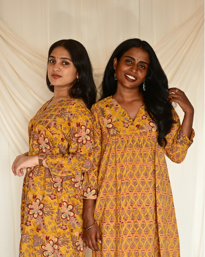 Gulmohar Mustard Yellow Floral Handblock Printed Gatherd A-line dress kurti