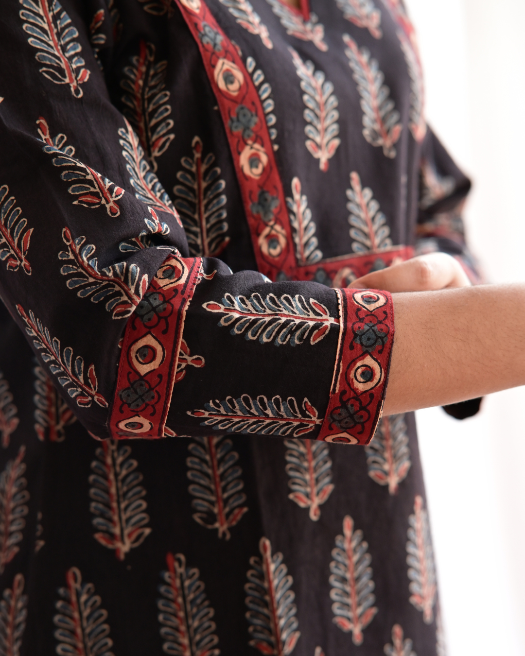 "NAIRA"  Black Ajrakh Printed V Neck Cotton  Kurti