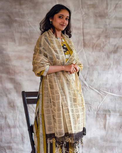 Mustard yellow and Ink Black Geometrical Hand Block Printed Kurti