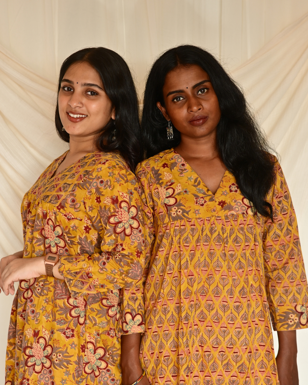 Gulmohar Mustard Yellow Butta Handblock Printed Gatherd A-line dress kurti