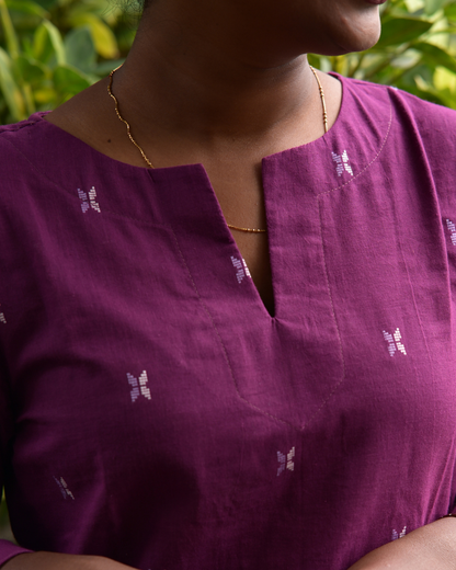 LEHRAA - Purple Butta South Cotton Slit Neck Kurti