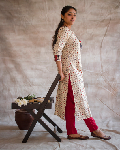 Beige and Maroon color Hand Block Printed Kurti and pant set