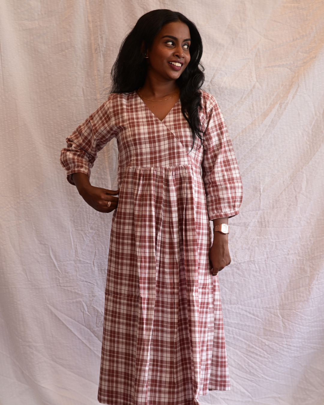 BENGAL HANDLOOM COTTON BROWN AND WHITE CHECK GATHERED DRESS