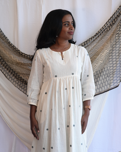 BENGAL JAMDANI HANDLOOM COTTON POLCADOT GATHERED DRESS