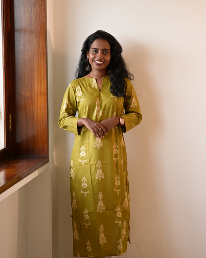 LEHRAA - Olive Green Warli Printed Slit Neck Kurti