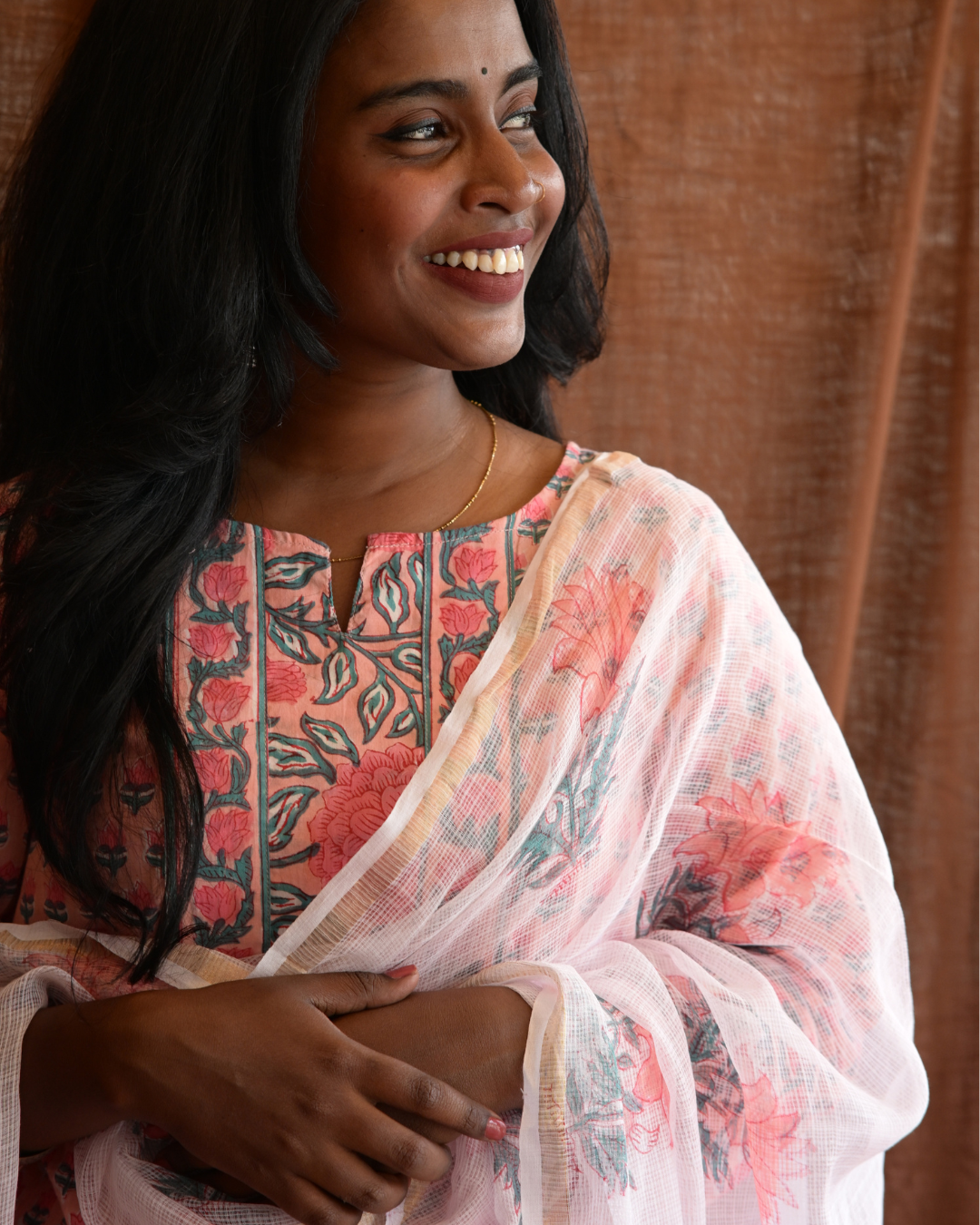 "NIRAM" Light Peach Sanganeri Hand block printed cotton kurti set with Kota Doriya dupatta