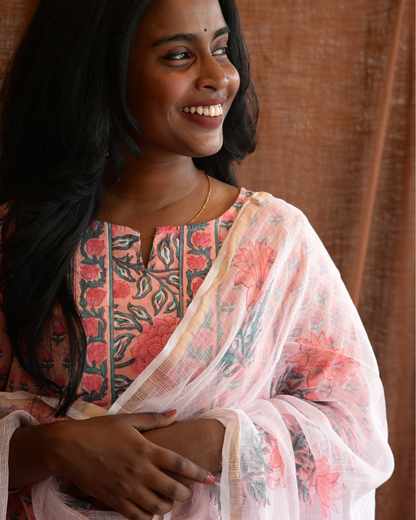 "NIRAM" Light Peach Sanganeri Hand block printed cotton kurti set with Kota Doriya dupatta