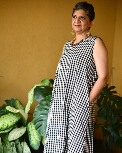 "IRA" Black and White checks A-LINE DRESS