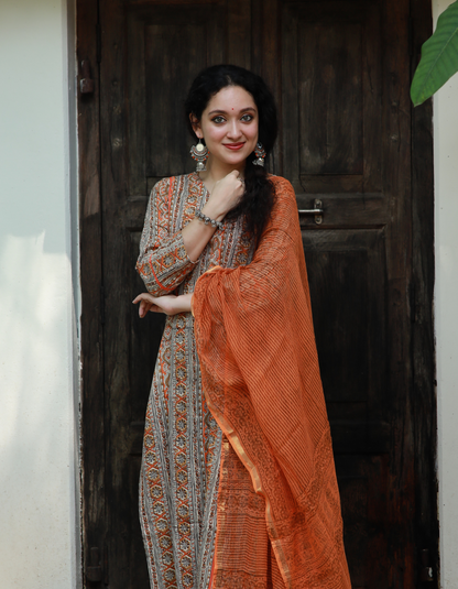 Orange and Beige V neck Kurti with Cotton Pant and Dupatta  SET