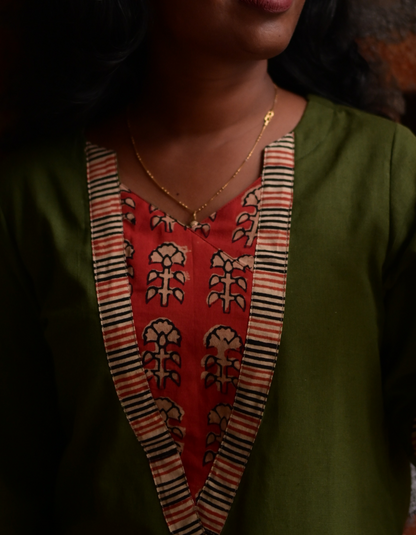 "TARA" OLIVE GREEN BASE RED HAND BLOCK PRINTED PATCH KURTI