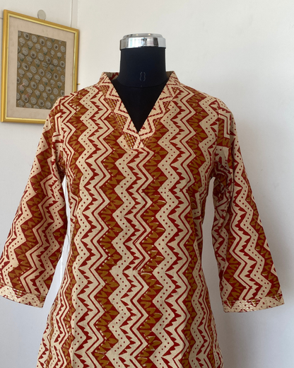 Bagru Hand Block Print With Kantha Embroidery  V Neck Kurti