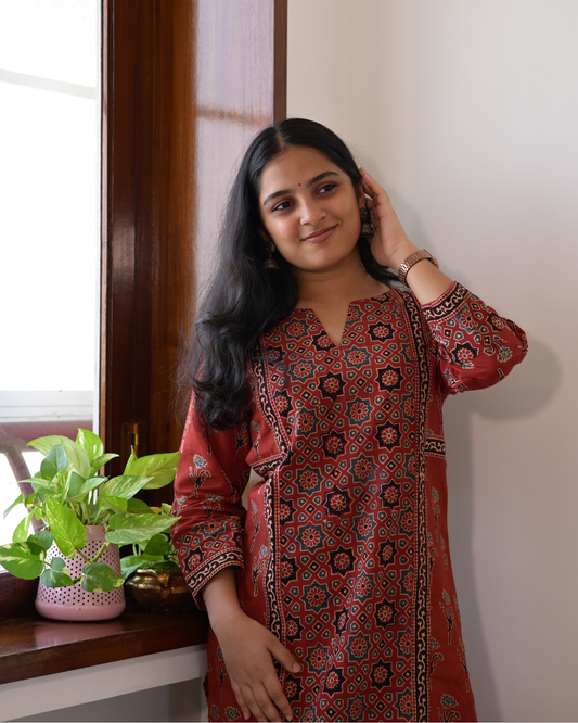 "DHOOP" Red Ajrakh Hand Block Printed Cotton Kurti