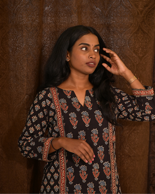 "DHOOP" Black Ajrakh Hand Block Printed Cotton Kurti