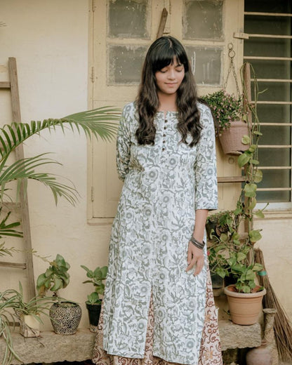 Pelican Gray Dabu Hand Block Printed Princess cut Kurti