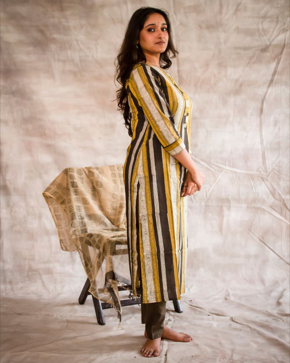 Mustard yellow and Ink Black Geometrical Hand Block Printed Kurti