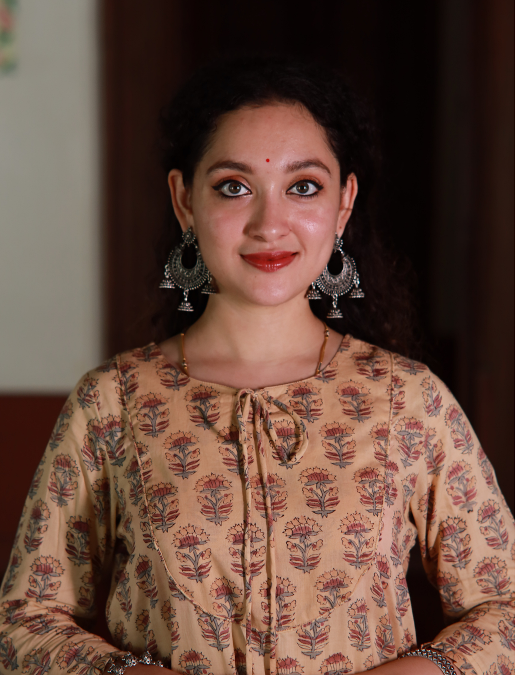 Beige Floral Hand Block Printed A Line Dress