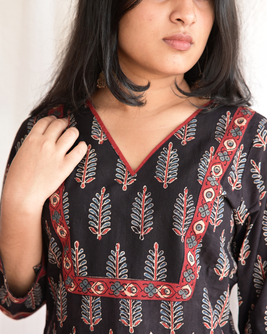 "NAIRA"  Black Ajrakh Printed V Neck Cotton  Kurti