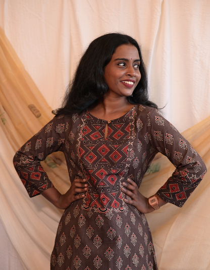 Kadha Brown Ajrakh Handblock Printed Cotton Kurti