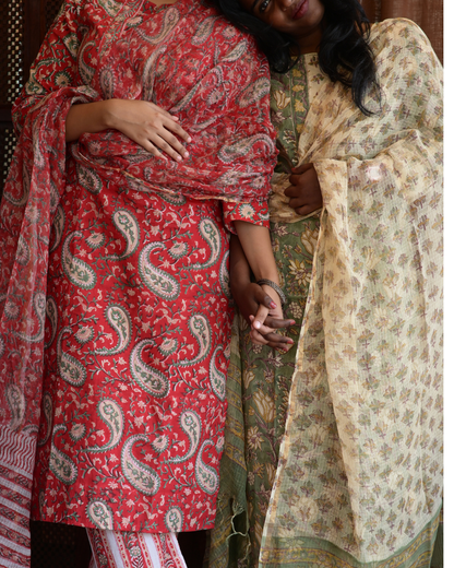 "NIRAM" Red Sanganeri Hand block printed cotton kurti set with Kota Doriya dupatta