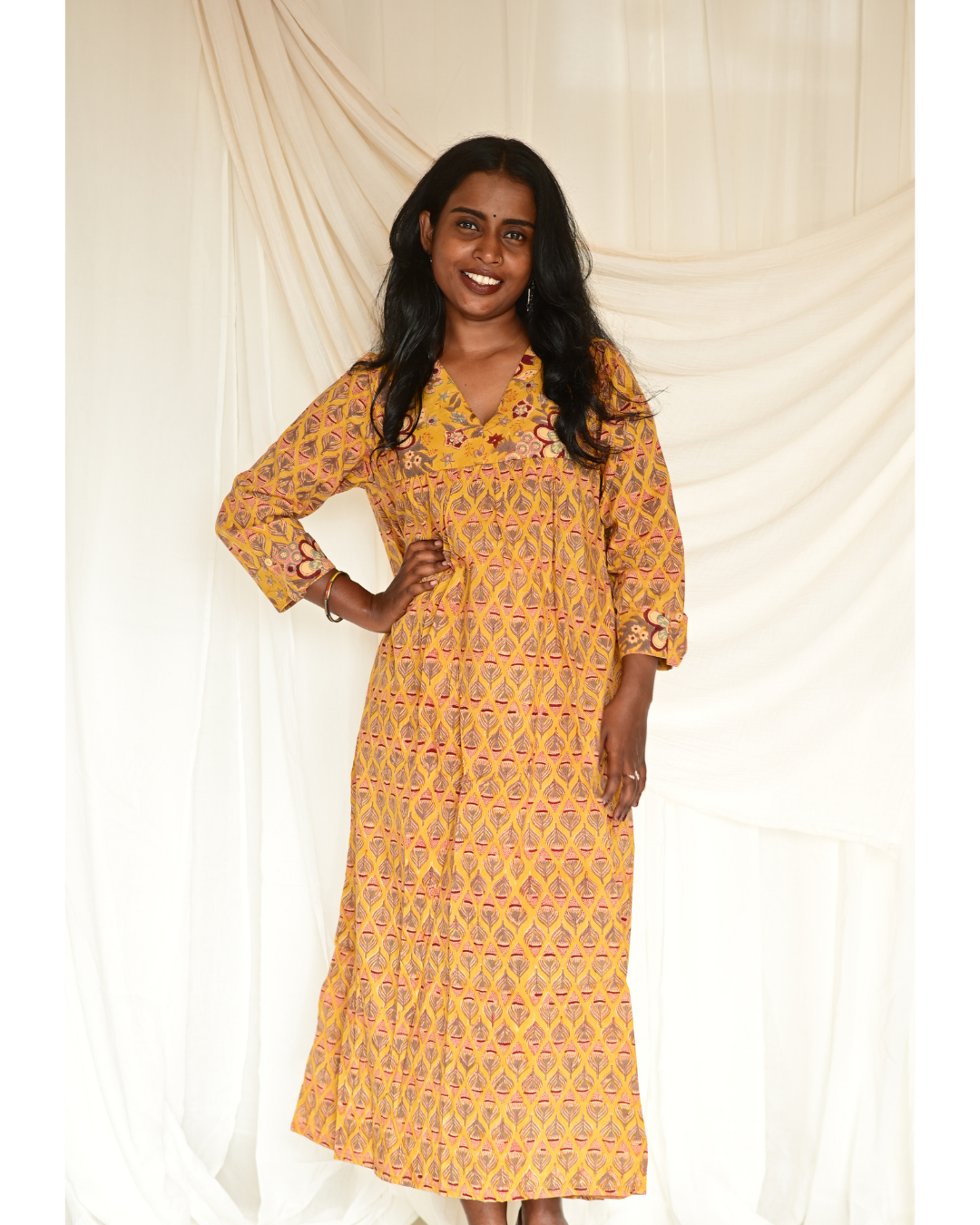 Gulmohar Mustard Yellow Butta Handblock Printed Gatherd A-line dress kurti