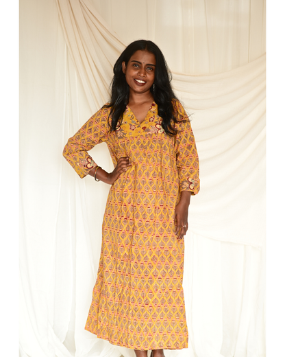Gulmohar Mustard Yellow Butta Handblock Printed Gatherd A-line dress kurti