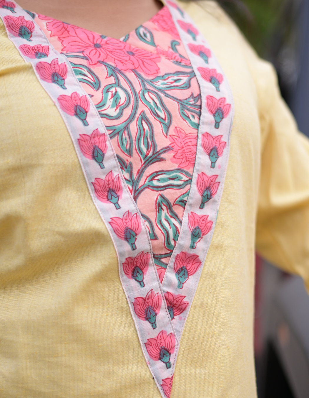 "TARA" YELLOW BASE AND PINK FLORAL HAND BLOCK PRINTED PATCH KURTI