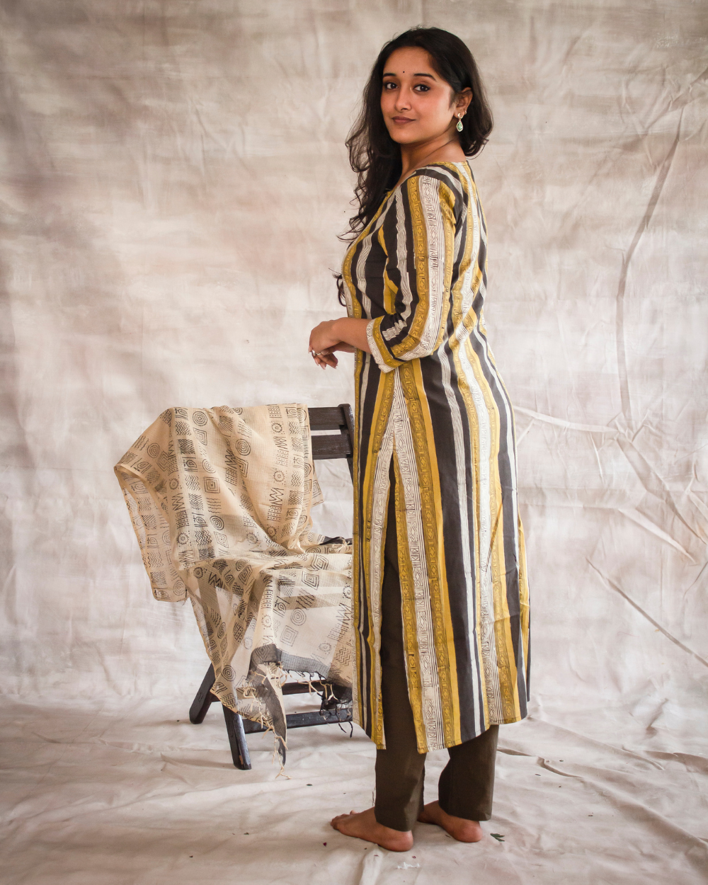 Mustard yellow and Ink Black Geometrical Hand Block Printed Kurti