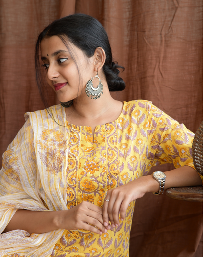 "NIRAM" Yellow Sanganeri Hand block printed cotton kurti set with Kota Doriya dupatta.