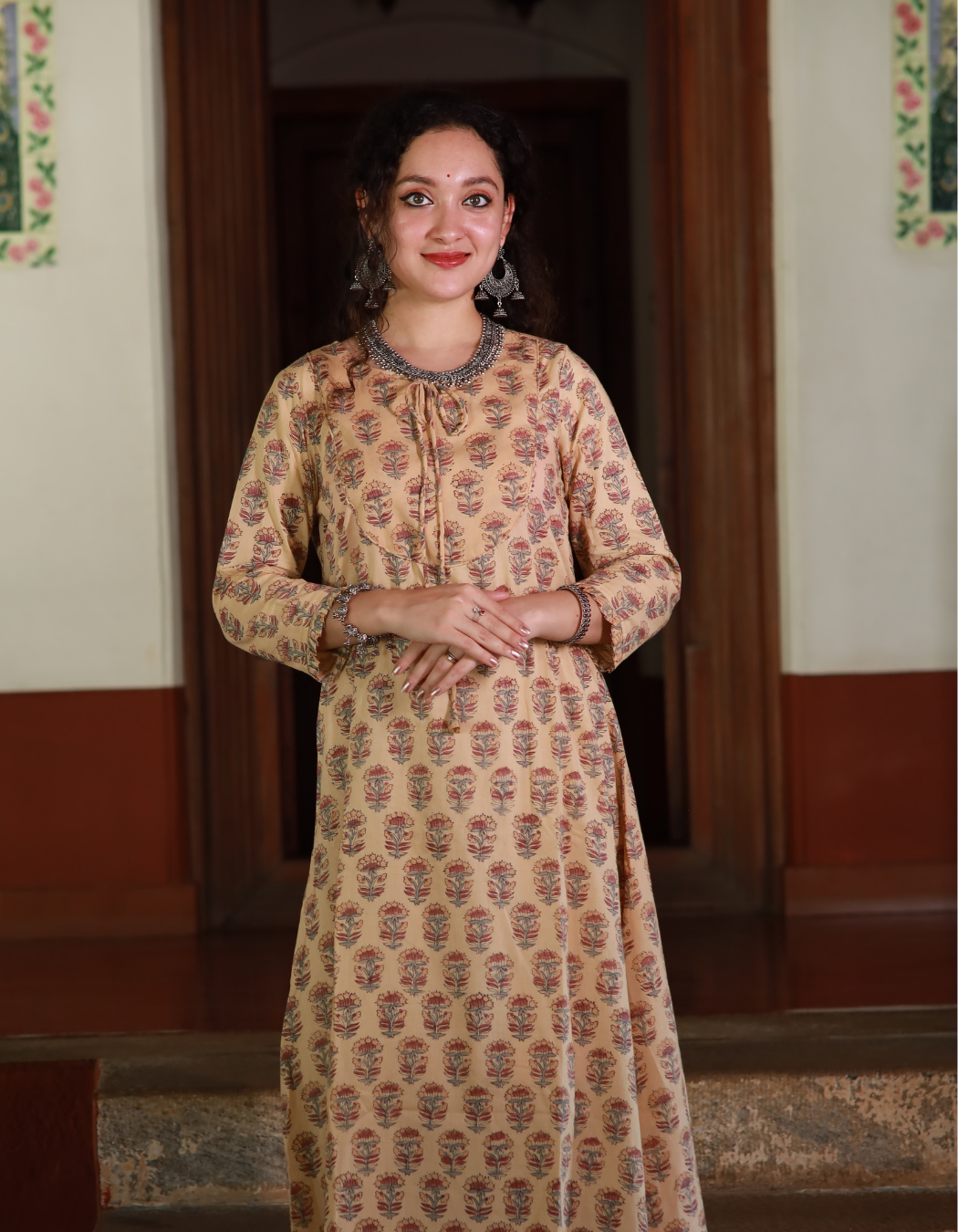 Beige Floral Hand Block Printed A Line Dress