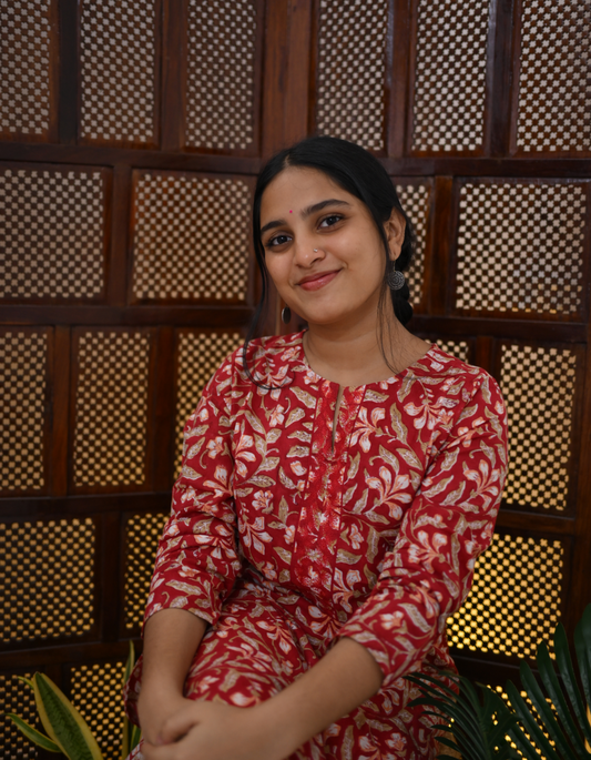 Red  Floral Embroidered Hand Block Printed Kurti