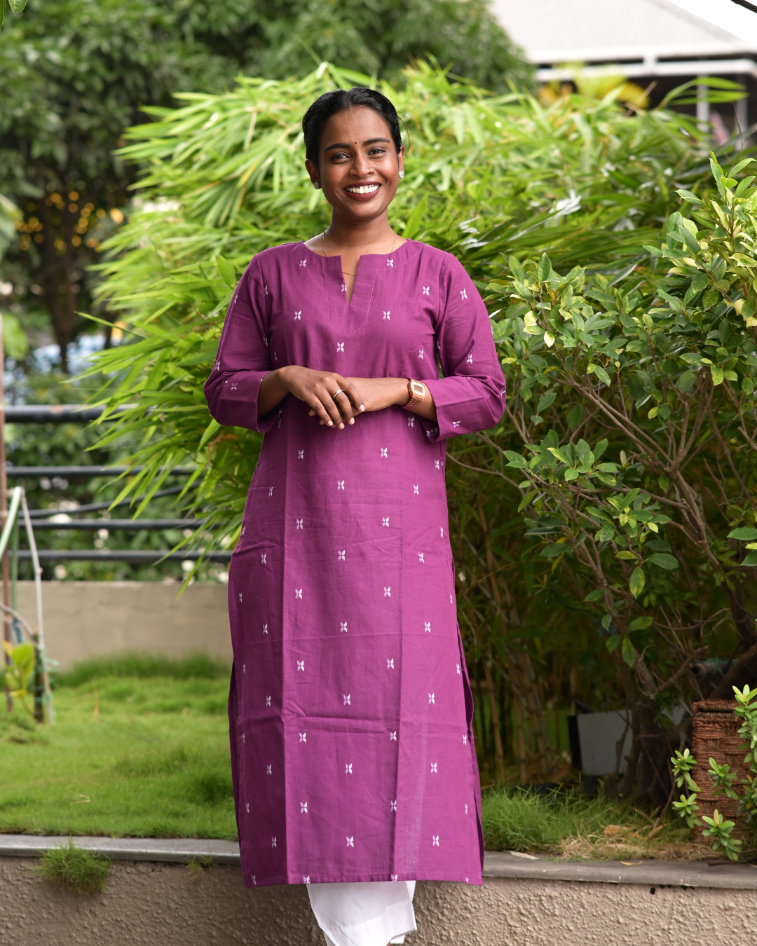 LEHRAA - Purple Butta South Cotton Slit Neck Kurti