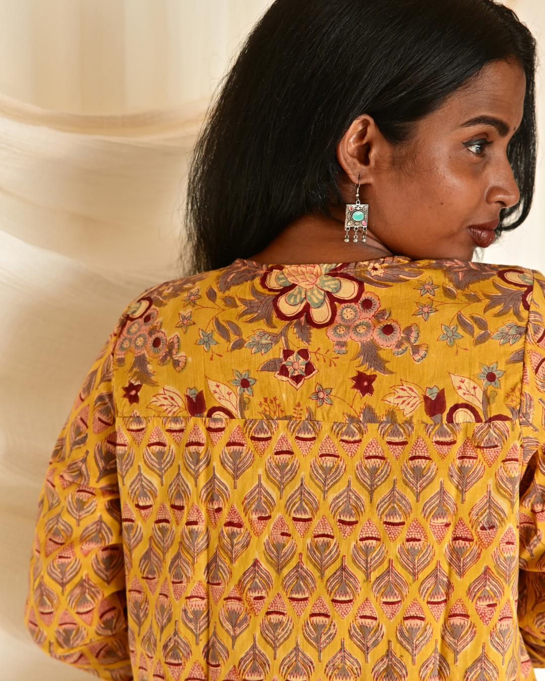 Gulmohar Mustard Yellow Butta Handblock Printed Gatherd A-line dress kurti