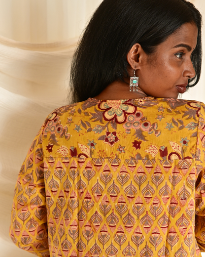 Gulmohar Mustard Yellow Butta Handblock Printed Gatherd A-line dress kurti