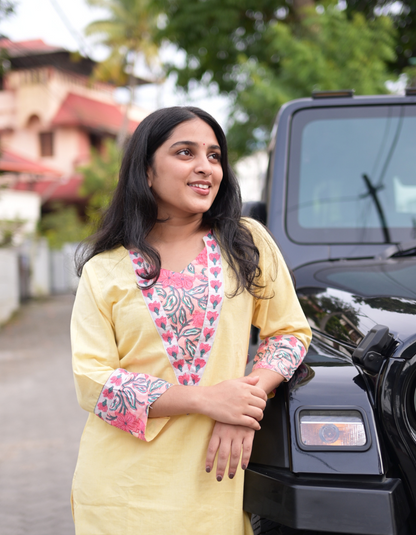 "TARA" YELLOW BASE AND PINK FLORAL HAND BLOCK PRINTED PATCH KURTI