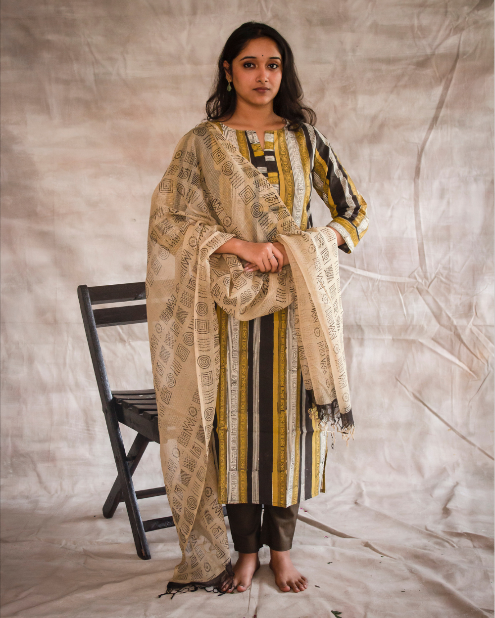 Mustard yellow and Ink Black Geometrical Hand Block Printed Kurti