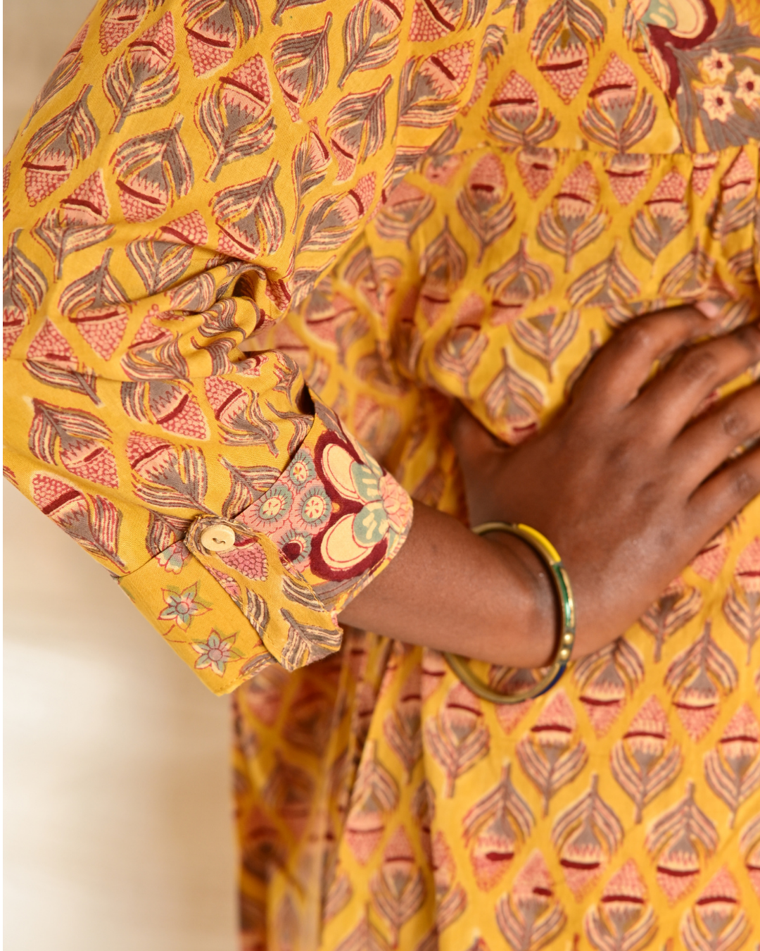 Gulmohar Mustard Yellow Butta Handblock Printed Gatherd A-line dress kurti