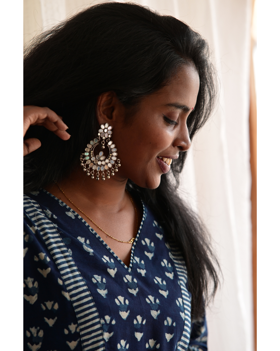 "NAIRA" Indigo Printed V Neck Cotton  Kurti