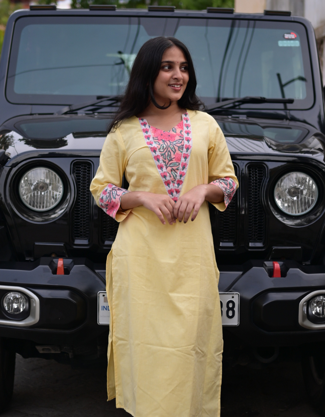 "TARA" YELLOW BASE AND PINK FLORAL HAND BLOCK PRINTED PATCH KURTI