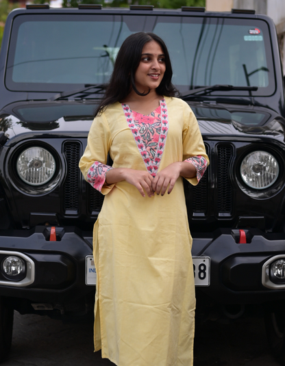 "TARA" YELLOW BASE AND PINK FLORAL HAND BLOCK PRINTED PATCH KURTI