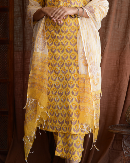 "NIRAM" Yellow Sanganeri Hand block printed cotton kurti set with Kota Doriya dupatta.
