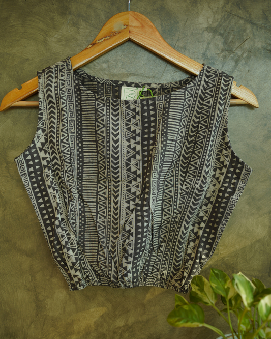 Dark Grey Dabu Hand Block Printed crop top/Blouse