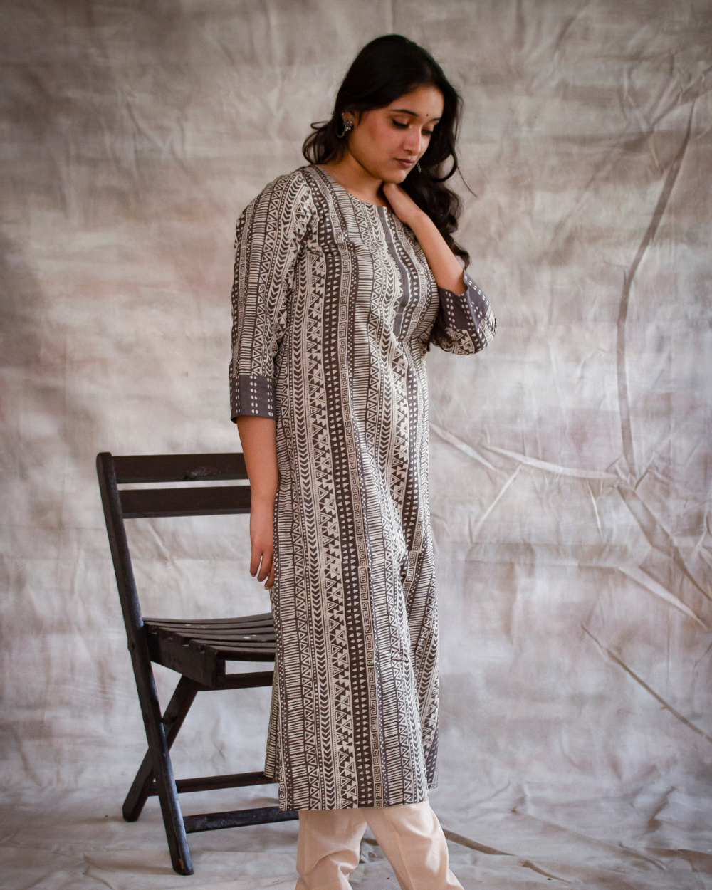 Dark Grey Dabu Hand Block Printed Kurti