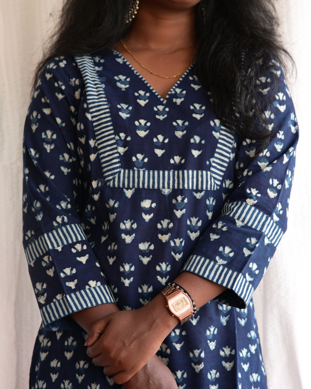 "NAIRA" Indigo Printed V Neck Cotton  Kurti