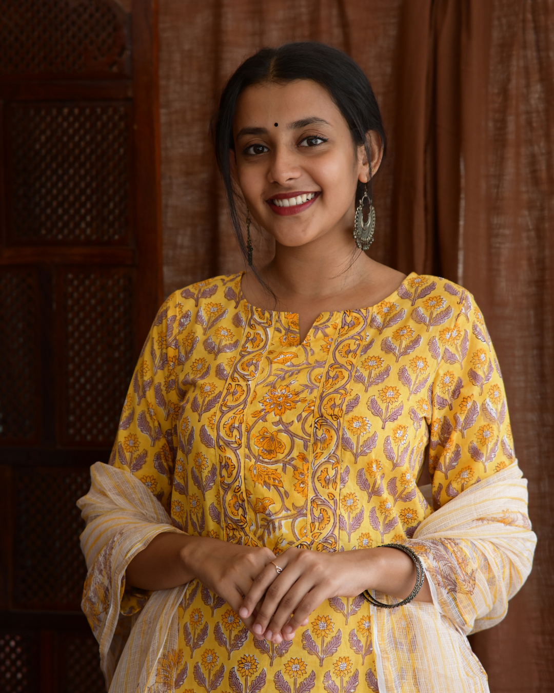 "NIRAM" Yellow Sanganeri Hand block printed cotton kurti set with Kota Doriya dupatta.