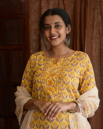 "NIRAM" Yellow Sanganeri Hand block printed cotton kurti set with Kota Doriya dupatta.