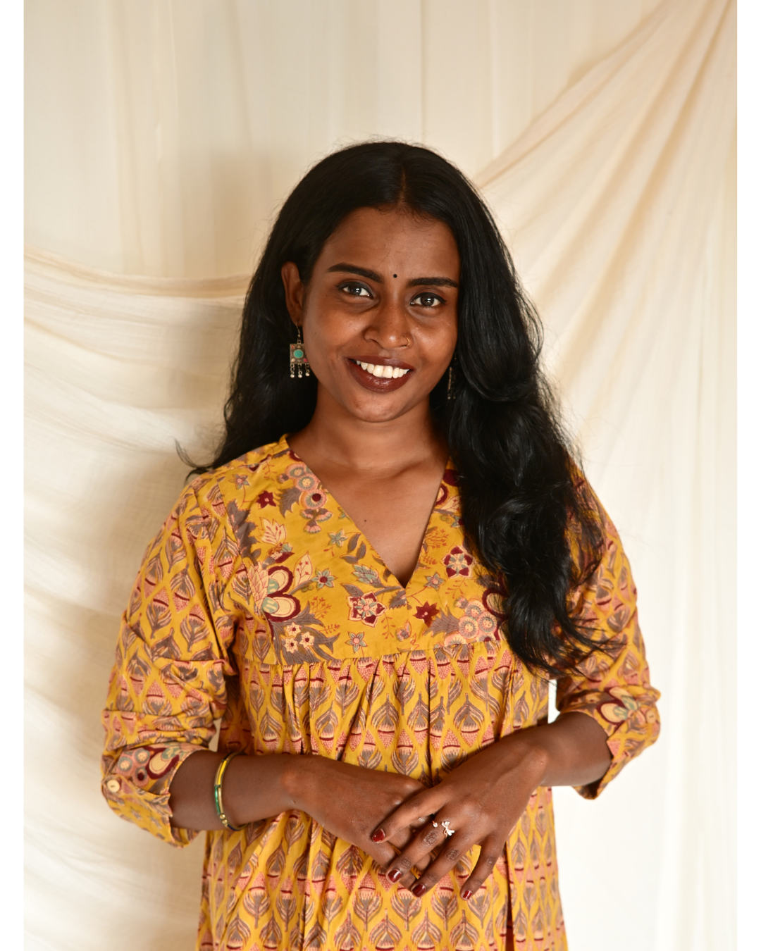 Gulmohar Mustard Yellow Butta Handblock Printed Gatherd A-line dress kurti
