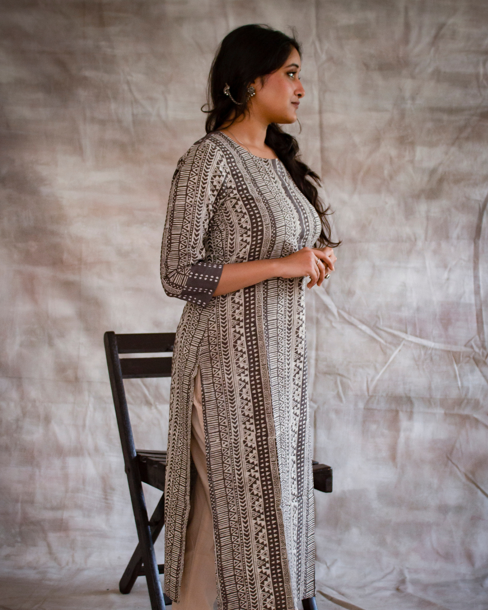 Dark Grey Dabu Hand Block Printed Kurti